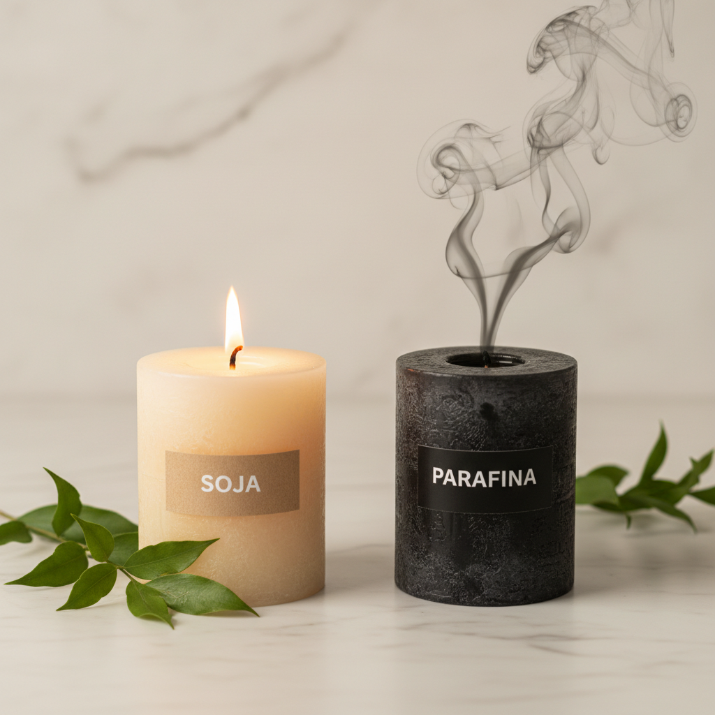 Comparativa vela de cera de soja con llama limpia versus vela de parafina con humo negro