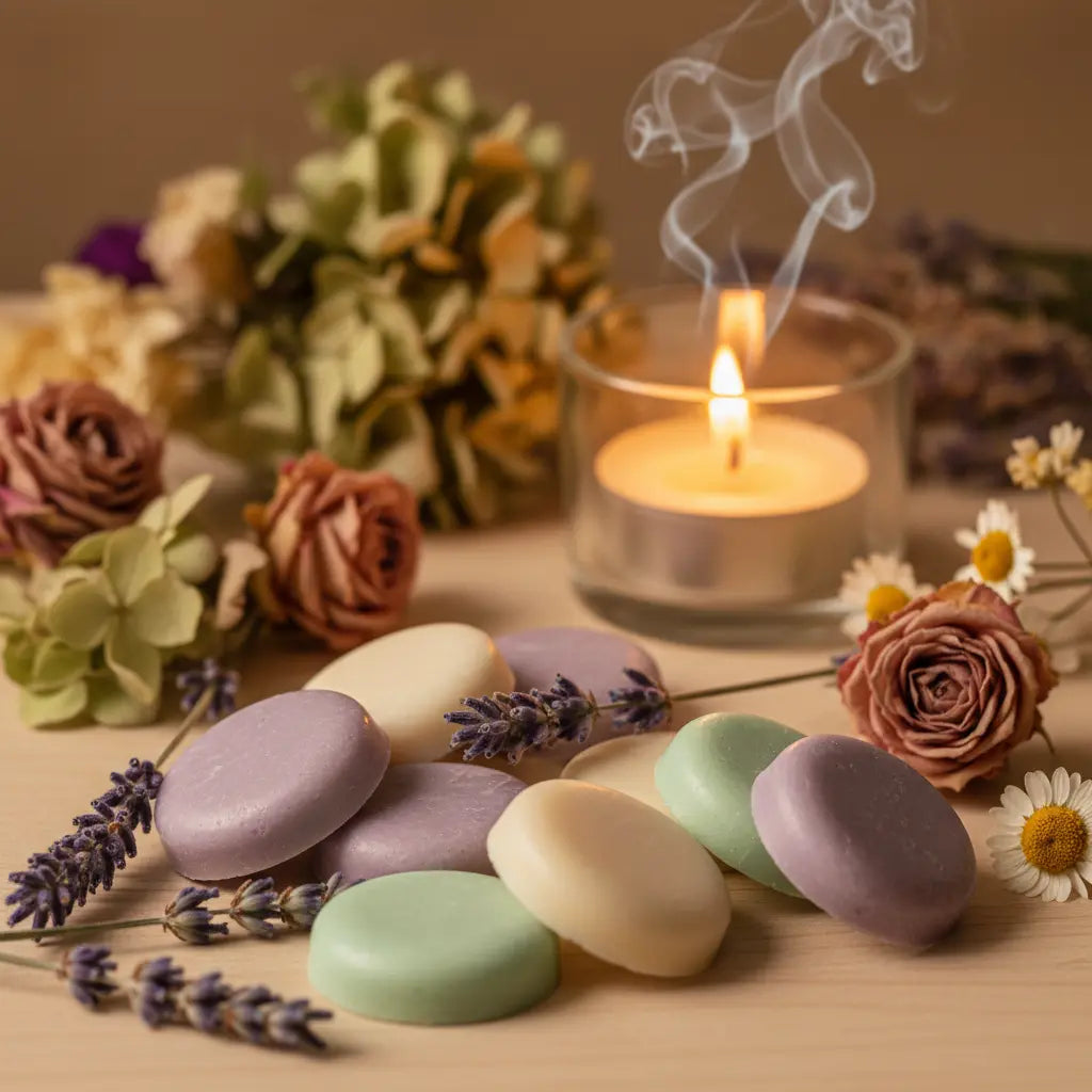 Combinaciones de wax melts de lavanda, vainilla, eucalipto y menta sobre mármol blanco