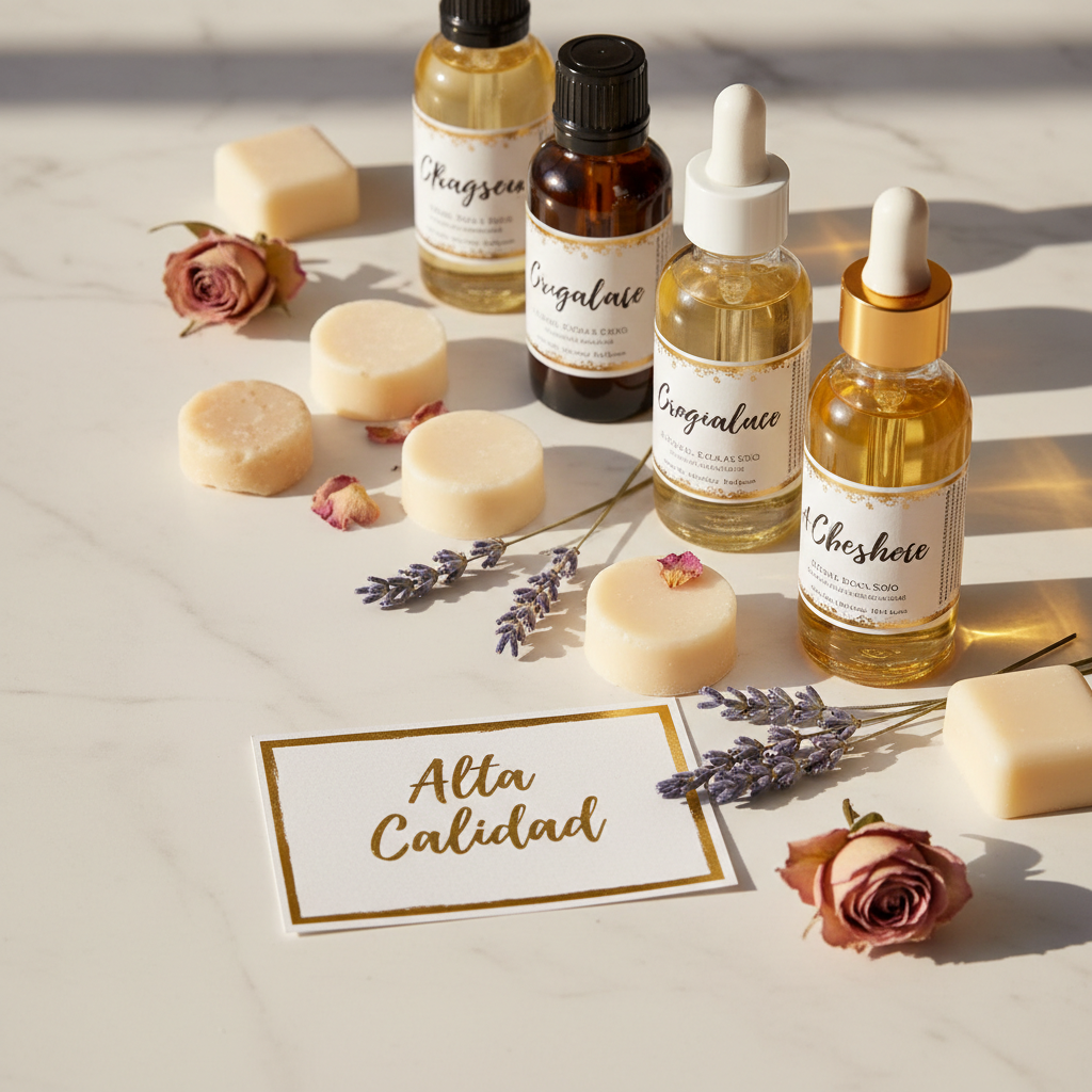 Aceites de fragancia de alta calidad junto a wax melts de cera de soja y flores secas sobre mármol blanco