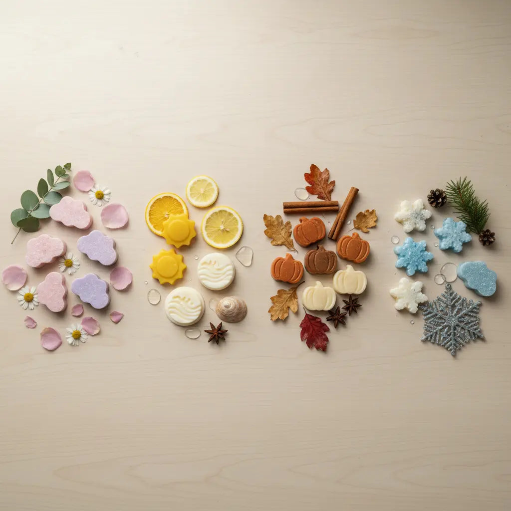 Wax melts de cera de soja para cada estación del año sobre superficie de madera