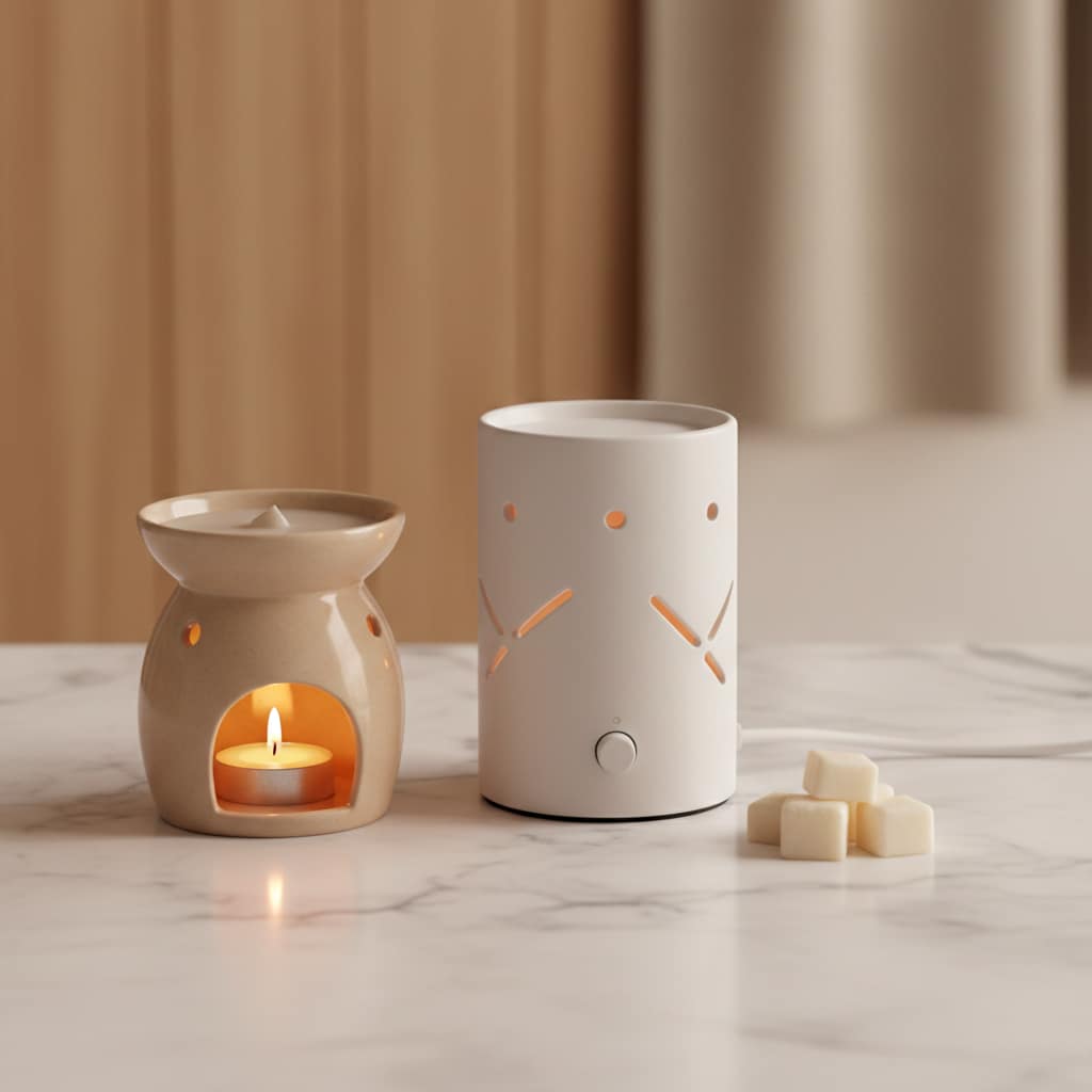 Quemador de wax melts eléctrico y con vela de té sobre mármol blanco