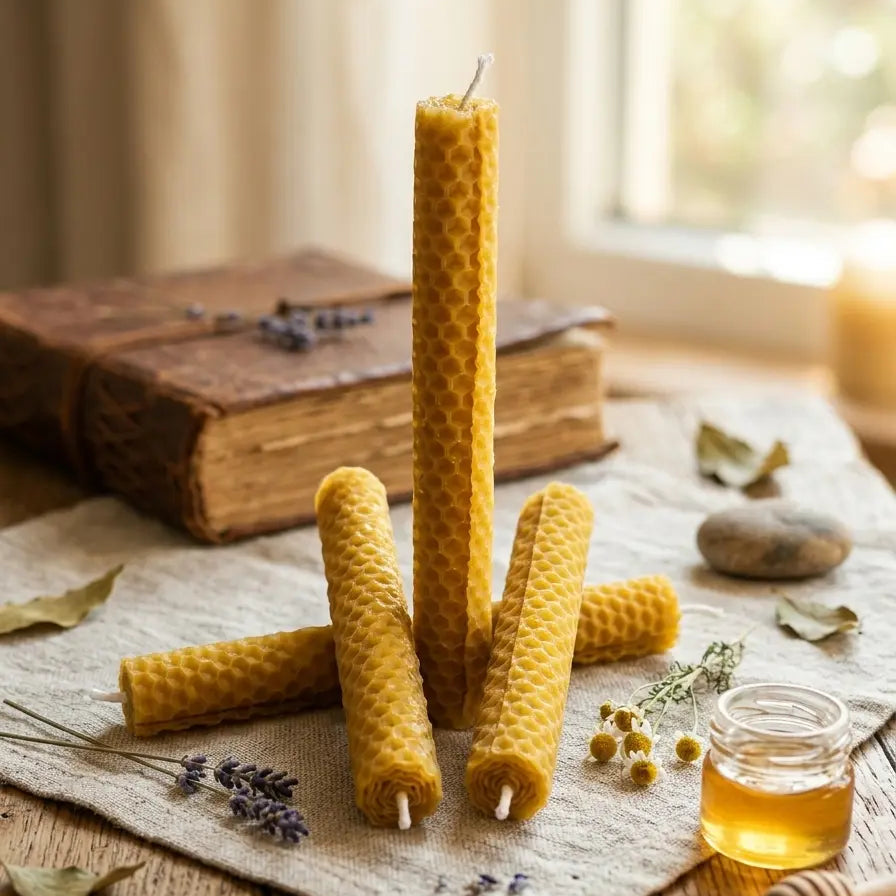 Pack 4 velas artesanales cera de abeja enrolladas a mano textura panal miel MariVelasZen