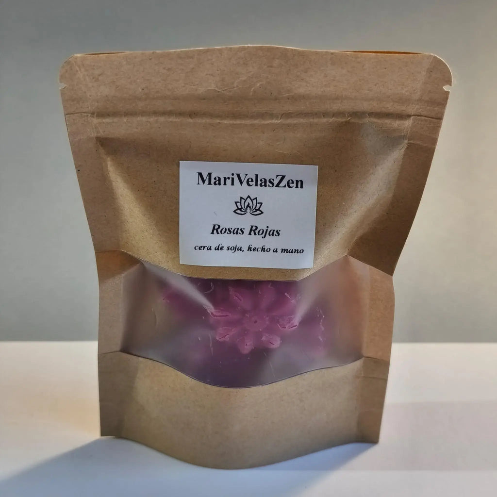 wax melt cera de soja natral con forma de flores olor viva magenta dentro bolsa kraft