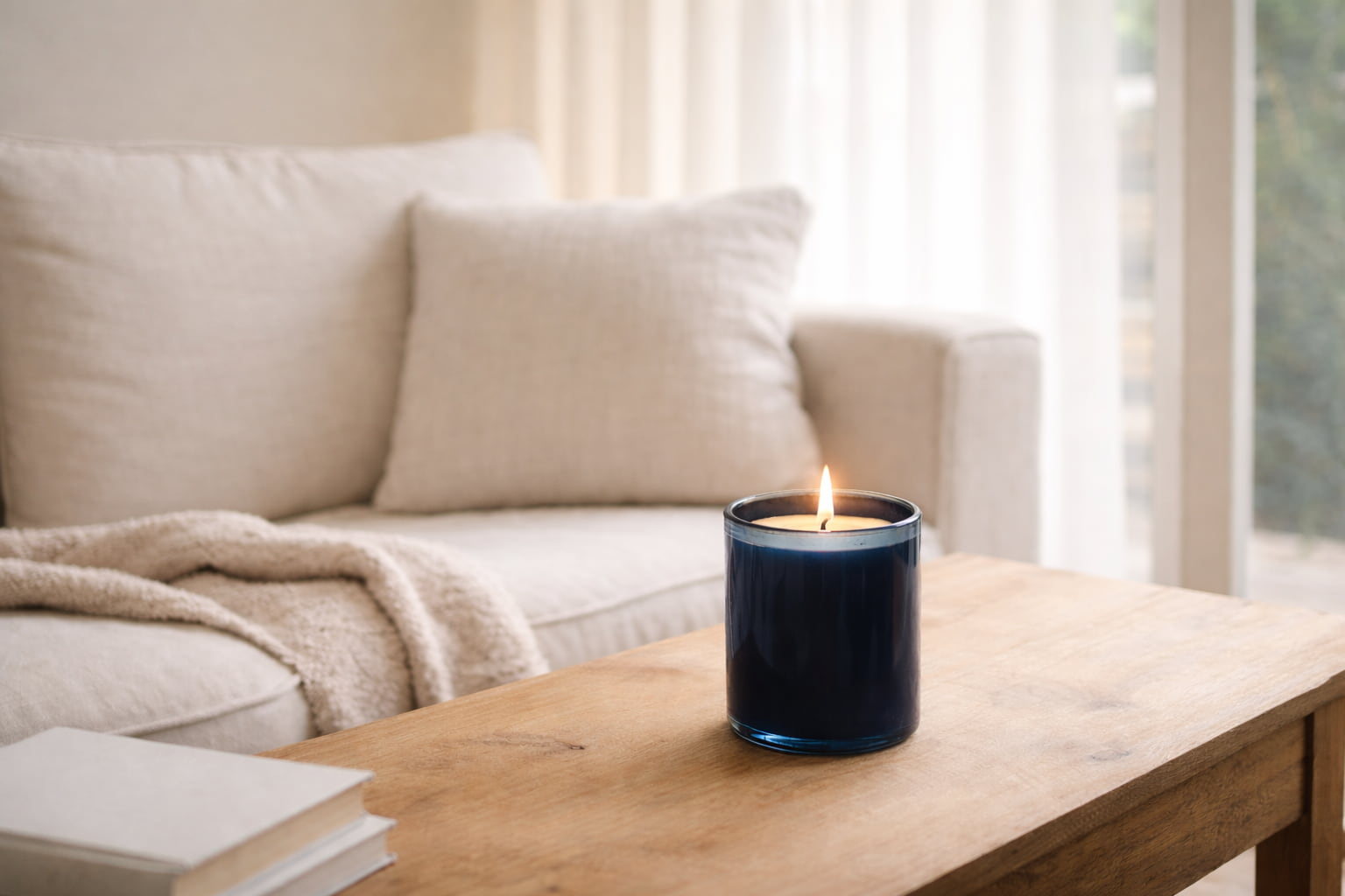 Vela aromática natural encendida en ambiente acogedor con tonos cálidos