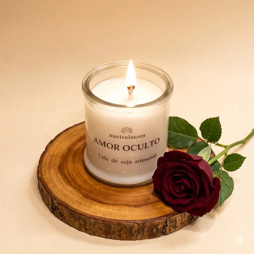 Vela de soja rosas rojas encendida con rosa y madera decorativa ambiente zen fondo crema